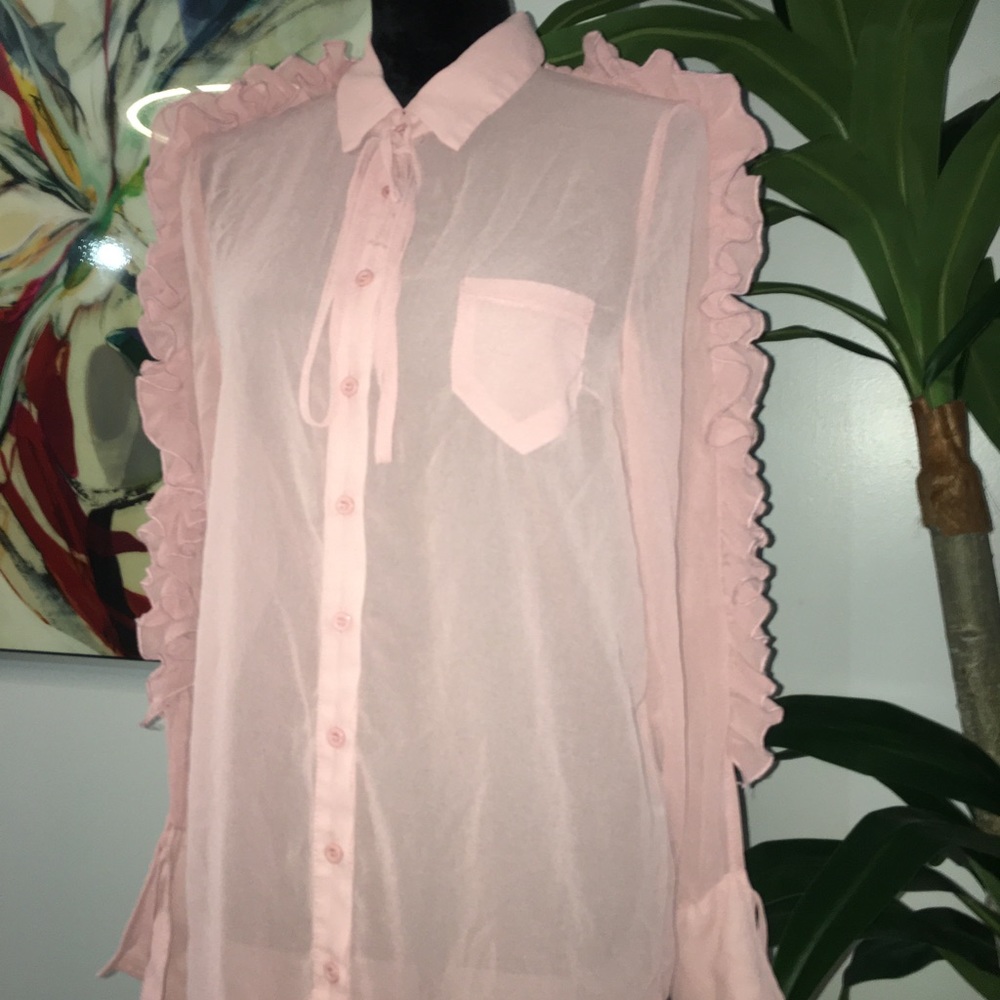 Pink Chiffon Ruffle Sleeve Blouse - Picture 3 of 5